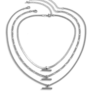 Silver T Bar Triple Layering Necklace