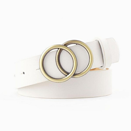 Double Circle Metal Buckle PU Leather Belt White