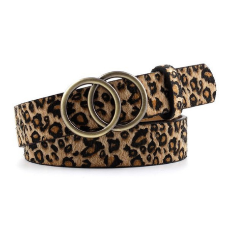 Double Circle Metal Buckle PU Leather Belt Cheetah