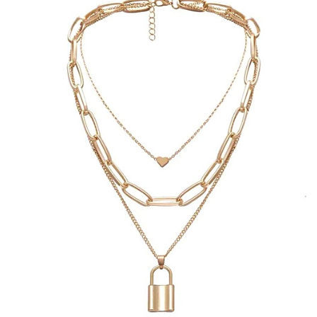 Gold 3-Raw Heart & Padlock Necklace