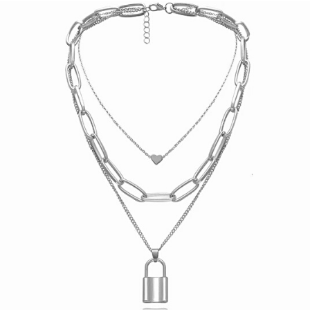 Silver 3-Raw Heart & Padlock Necklace