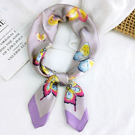 Butterfly Print Satin Square Scarf Purple
