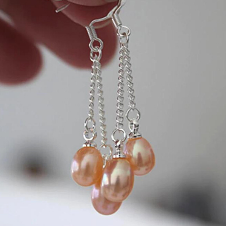 Sterling Silver & Freshwater Pearl Chain Dandle Earrings Pink