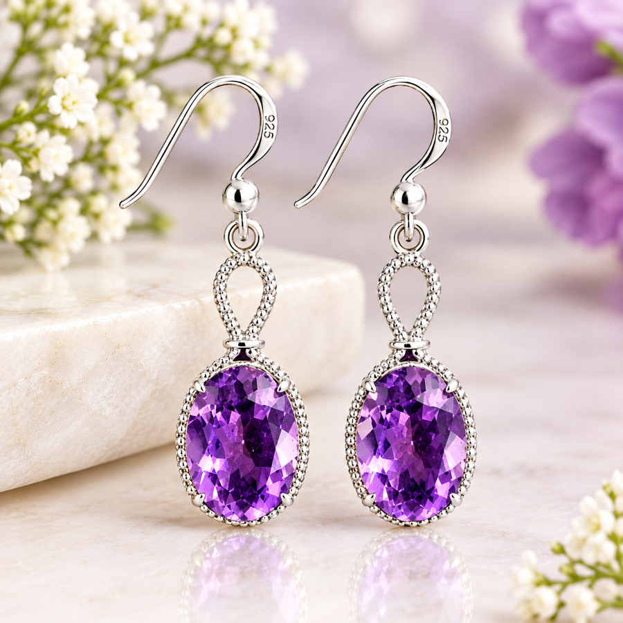 Genuine Amethyst Sterling Silver Drop Earrings