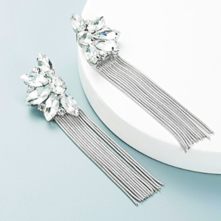 Silver Crystal Statement Tassel Earrings