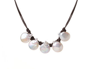 Freshwater Coin Pearl Necklace on Leather Cord