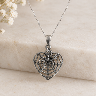 Oxidised Sterling Silver Spiderweb Heart Necklace